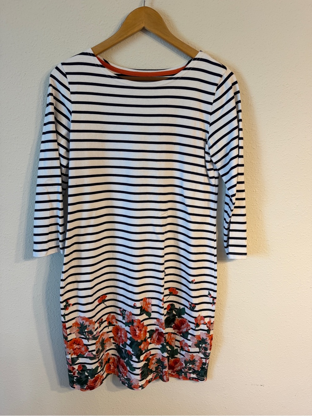 Jules Striped Navy and White Floral Hem Boatneck Dress